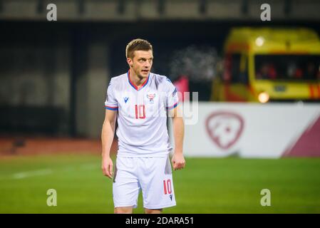 RIGA, LETTLAND. November 2020. Solvi Varnhamar, während der UEFA NATIONS LEAGUE Spiel zwischen der Nationalmannschaft Lettland und der Nationalmannschaft Färöer Inseln. Kredit: Gints Ivuskans/Alamy Live Nachrichten Stockfoto