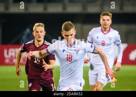 RIGA, LATVIA. 14th November 2020. Meinhard Olsen (C), during UEFA NATIONS LEAGUE game between National football team Latvia and National football team Faroe Islands. Credit: Gints Ivuskans/Alamy Live News Stock Photo