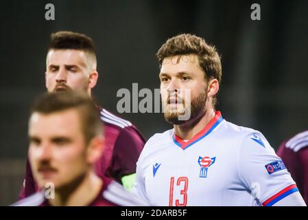 RIGA, LETTLAND. November 2020. Rogvi Baldvinsson, während der UEFA NATIONS LEAGUE Spiel zwischen der Nationalmannschaft Lettland und der Nationalmannschaft Färöer Inseln. Kredit: Gints Ivuskans/Alamy Live Nachrichten Stockfoto