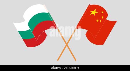 Gekreuzte und winkende Flaggen von Bulgarien und China. Vektorgrafik Stock Vektor