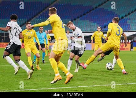 Leipzig, Deutschland. November 2020. Timo WERNER, DFB 9 Punkte, schießt Tor, Treffer, 3-1 im Spiel DEUTSCHLAND - UKRAINE UEFA Nations League, Deutsche Fußball Nationalmannschaft, DFB , Saison 2020/2021 in Leipzig, Deutschland, 14. November 2020 © Peter Schatz / Alamy Live News wichtig: Die DFB-Vorschriften verbieten die Verwendung von Fotos als Bildsequenzen und/oder quasi-Video. Quelle: Peter Schatz/Alamy Live News Stockfoto