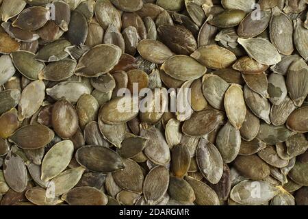 Nahaufnahme von oben auf einem Haufen Roh Geschälte Kürbiskerne Stockfoto