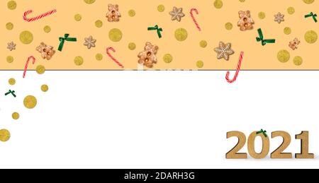 frohe weihnachten 2021.Beige nahtlose Hintergrund.Winterferien Dessert Dekoration.Kreative Anordnung der Lebkuchen, Dekorationen und Wacholderzweige Stockfoto