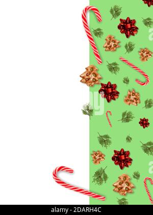 Moderne weihnachten Collage.Green nahtlose Hintergrund.Winterferien Dessert Dekoration.Kreative Anordnung der Lebkuchen und Wacholderzweig Stockfoto