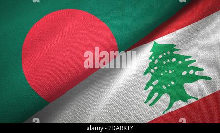 Bangladesch und Libanon zwei Flaggen Textiltuch, Stoff Textur Stockfoto