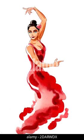 Wunderschöne spanische Flamenco-Tänzerin. Tusche und Aquarellzeichnung Stockfoto