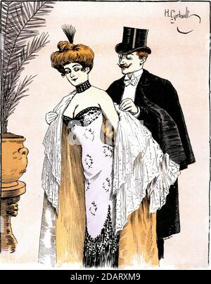 1895 Ca , Paris , FRANKREICH : der französische Maler und Illustrator HENRY GERBAULT ( Henri , 1863 - 1930 ) . War der Neffe des berühmten Dichters Sully Prudhomme. Illustration aus einer Bell Epoque Zeitschrift mit diesem Dialog: 'Würdest du dich beleidigt nehmen, wenn ich die Galle hätte, um einen Kuss auf diese schöne Schulter zu Pflanzen?' "Das wirst du bald genug nach der Tat herausfinden." . - KUNST - ARTI VISIVE - ARTE - Francia - PORTRAIT - RITRATTO - GESCHICHTE - FOTO STORICHE - BELLE EPOQUE - baffi - Schnurrbart - incisione - illustrazione - Illustration - ILLUSTRATORE - Hut - cappello a cilindro - FEMME FATALE - POSTER Stockfoto