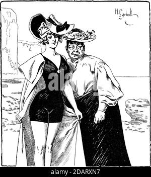1907 , Paris , FRANKREICH : der französische Maler und Illustrator HENRY GERBAULT ( Henri , 1863 - 1930 ) . War der Neffe des berühmten Dichters Sully Prudhomme. Illustration aus einer Bell Epoque Zeitschrift mit diesem Dialog : SAGE CONSEIL - Il est bossu et tu n'en pinces pas pour lui? Qu'est-ce que ça fait? Mais, mon enfant moi, ta mère, est-ce que tu te figures que j'ai aimé tes pères? - KUNST - ARTI VISIVE - ARTE - FRANCIA - PORTRAIT - RITRATTO - GESCHICHTE - FOTO STORICHE - BELLE EPOQUE - COCOTTE - INCISIONE - ILLUSTRATION - ILLUSTRATION - KOSTÜM DA BAGNO INTERO - BADEANZUG - ILLUSTRATORE - FEMME F Stockfoto