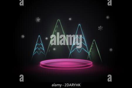 3D Neon Licht Podium Display mit Weihnachtsbaum Element. Vektorgrafik Stock Vektor