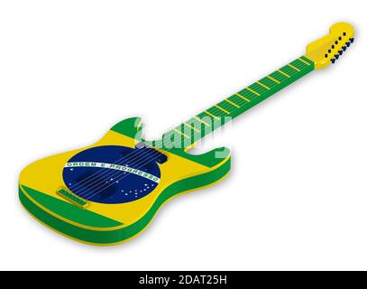 Tolle Akustikgitarre mit den Farben der brasilianischen Flagge in einem realistischen Stil. Designelement. Isolierter Vektor auf weißem Hintergrund Stock Vektor