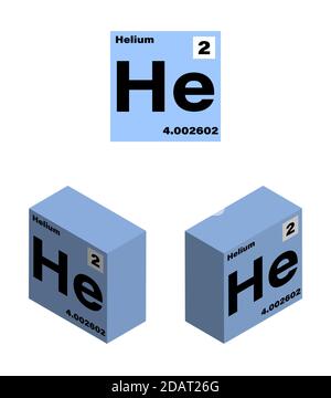 Helium, ein chemisches Element im Periodensystem. Flaches Symbol und isometrisches Bild. Isolierter Vektor auf weißem Hintergrund Stock Vektor