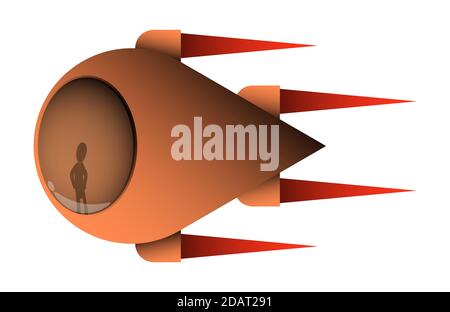 Alien Raumschiff in Form eines Tropfens. Zukunftstechnologien, Cartoon-Stil. Isolierter Vektor auf weißem Hintergrund Stock Vektor
