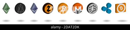 Die 9 wichtigsten Kryptowährungs-Logos in 3D-Farben Stock Vektor