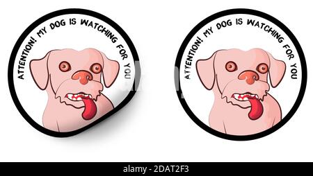 Aufkleber, kleiner verrückter Hund mit großen Augen, die Sie beobachten. Lustige Illustration auf weißem Hintergrund Stock Vektor