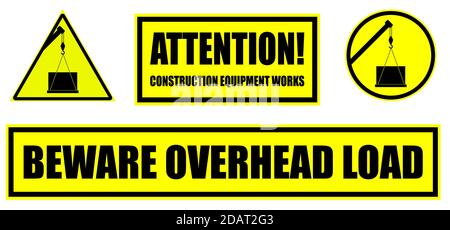 Warnzeichen von Arbeitsgeräten auf gelbem Hintergrund. Symbol für Oberlast, Baukran hebt eine Last an. Isolierter Vektor Stock Vektor