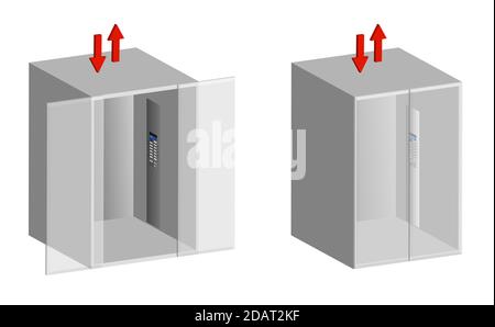 Aufzüge mit offenen und geschlossenen Türen auf einem transparenten isolierten Hintergrund, 3D-Symbol Stock Vektor