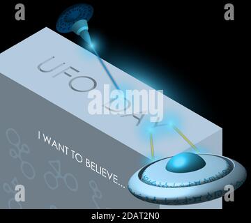 Fliegende Untertassen, Raumschiffe brennen mit einem Laser die Inschrift UFO Day aus. Abbildung, isolierter Vektor Stock Vektor