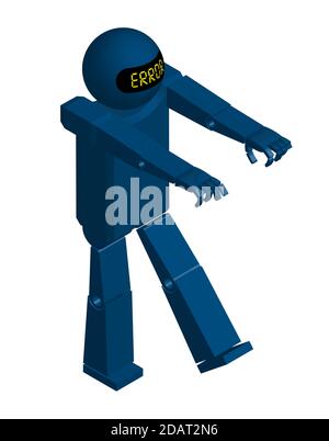 Isometrie, humanoider Roboter mit einem kritischen Fehler außer Kontrolle geraten. Die Gefahren neuer Technologien. Isolierter Vektor Stock Vektor