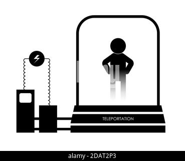 Menschliche Teleportation. Zukunftstechnologien, eine Kabine zum Bewegen im Weltraum. Das Symbol. Isolierter Vektor auf weißem Hintergrund Stock Vektor