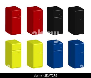 Set von Farb-Haushaltskühlschränke in realistischem 3D-Stil, isoliert auf einem transparenten Hintergrund, verschiedene Bedienelemente Stock Vektor