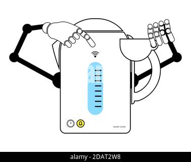 Intelligenter elektrischer Wasserkocher mit Roboterhänden. Haushaltsgeräte aus der Smart Home Serie. Isolierter Vektor auf weißem Hintergrund Stock Vektor