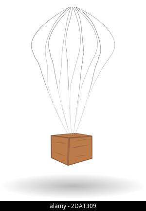 Holzkiste auf dem Fallschirm, Überraschung. Isolierter Vektor auf weißem Hintergrund Stock Vektor