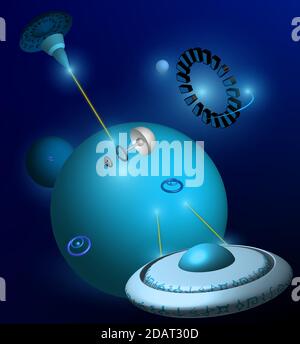 Fliegende Untertassen, Raumschiffe angreifen den Planeten. Laseraufnahmen. Illustration zum Thema Raum und ferne Zukunft Stock Vektor