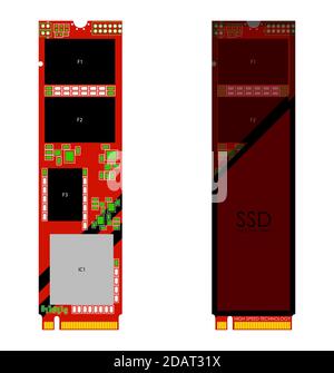 M2 PCI-Hochgeschwindigkeits-ssd-Festplatte in rot-schwarzen Farben. Isolierter Vektor auf weißem Hintergrund Stock Vektor