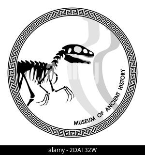 Logo, Schild des Museums der antiken Geschichte mit griechischem Ornament und Dinosaurierskelett. Minimalistischer Stil, isolierter Vektor auf transparentem Hintergrund Stock Vektor