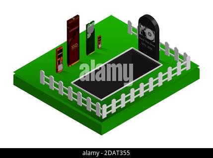 Veralterung der Elektronik. SSD begrubt die Festplatte. Isometrische Darstellung Stock Vektor