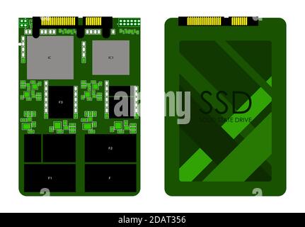 sata-Hochgeschwindigkeits-ssd-Festplatte in grünen Farben. Isolierter Vektor auf weißem Hintergrund Stock Vektor