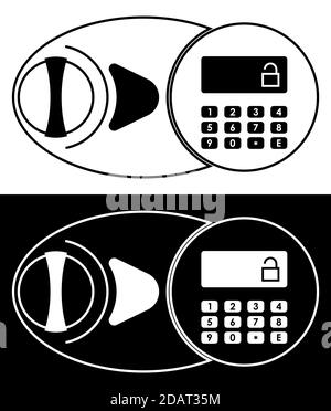 Rundes Sicherheitsfeld mit Zahlenschloss und Knöpfen. Schwarz-Weiß-Symbol. Isolierter Vektor Stock Vektor