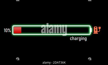 Fortschrittsanzeige für das elektrische Laden, Akkuanzeige für Elektrofahrzeuge oder Telefone, die eine zunehmende Akkuladung anzeigt. Die Akkuanzeige zeigt an, dass der Akku voll ist Stockfoto