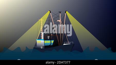 Fischerboot, Trawler in der Nacht im Meer fängt Fische. Illustration in blau-türkisfarbenen Tönen, Vektor Stock Vektor
