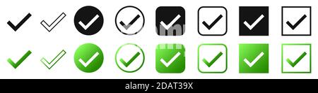 Satz von Häkchen-Symbolen isoliert. Vektorgrafik. Zugelassenes Symbol in flacher Ausführung Stock Vektor