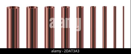 Satz aus Stahl- oder Kupferrohren, isoliert. Vektorgrafik. Glänzende 3d-Rohre mit verschiedenen Durchmessern. Stock Vektor