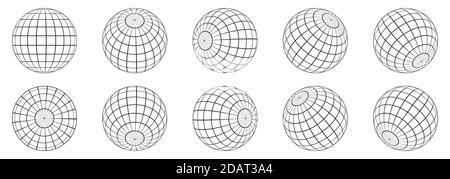 3d-Kugeln Globus Erde. Globensymbole in verschiedenen Winkeln. Vektorgrafik. Isoliertes lineares Globusraster Stock Vektor