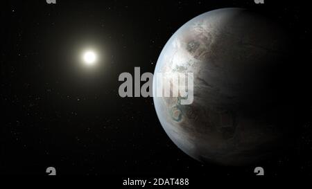 Dieses Künstlerkonzept zeigt eine mögliche Erscheinung des Planeten Kepler-452b, der ersten erdnahen Welt, die sich in der bewohnbaren Zone befindet Stockfoto