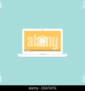 Laptop mit Wiedergabetaste auf dem Bildschirm. Sehen Sie sich Tutorials auf blau isoliert an. Flacher Vektor einfaches Symbol. Video-Taste. Online-Player-Symbol. Computer. Stock Vektor