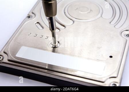 Öffnen der Festplatte für die Datenrettung isoliert auf weißem Hintergrund. Demontierte Festplatte. Schraubendreher für die Computerreparatur. Stockfoto