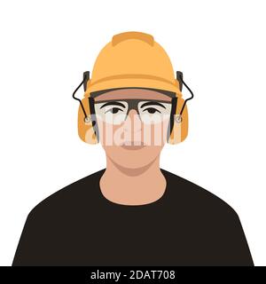 Arbeiter im Helm, Vektor-Illustration, flacher Stil, Vorderansicht Stockfoto
