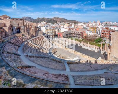 7. März 2020: Cartagena, Spanien - das teilweise restaurierte römische Theater von Cartagena, aus der Regierungszeit von Augustus. Stockfoto