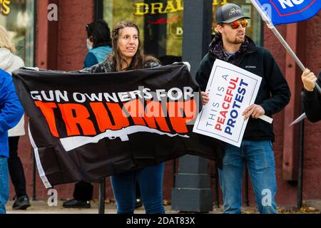 Carson, Usa. November 2020. Ein Protestler hält während der Demonstration ein Banner.Pro-Trump-Anhänger nehmen am "Millionen-MAGEN-Marsch" im Gebäude der Landeshauptstadt Teil. Sie protestierten gegen das, was sie als die Wahl ansehen, die durch Betrug gestohlen wurde. Kredit: SOPA Images Limited/Alamy Live Nachrichten Stockfoto