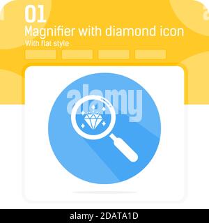 Lupe mit Diamant-Symbol mit flachem Stil isoliert auf weißem Hintergrund. Vektor-Illustration Diamant auf Lupe Zeichen Symbol Symbol Stock Vektor