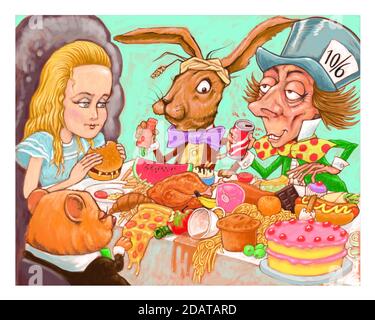 Alice im Wunderland, essen einen Burger auf der Mad Hatter's Tea Party, digitaler Scan von Gouache Aquarell Farbe auf Papier, Original-Illustration Kunstwerk Stockfoto