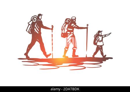 Touristen, Rucksack, Lager, Berge, Reisekonzept. Von Hand gezeichneter isolierter Vektor. Stock Vektor