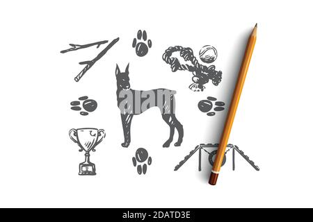 Hund, Haustier, Tier, Zubehör, Pflegekonzept. Von Hand gezeichneter isolierter Vektor. Stock Vektor