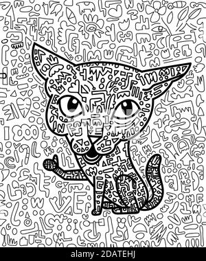 Katze in Daumen nach oben Pose mit Doodle Zeichnung Muster innen und auf weißem Hintergrund. vektor-Illustration. Stock Vektor