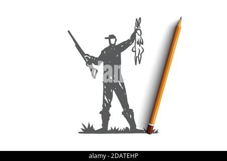 Jagd, Schuss, Gewehr, Beute, wildes Konzept. Von Hand gezeichneter isolierter Vektor. Stock Vektor