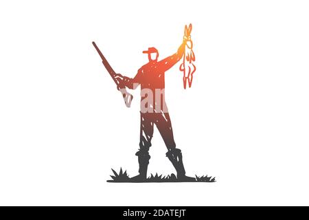 Jagd, Schuss, Gewehr, Beute, wildes Konzept. Von Hand gezeichneter isolierter Vektor. Stock Vektor